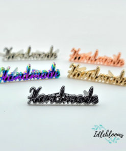 “Handmade” script metal label (2 pack)