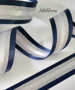 Alternative view of Navy & glitter silver stripes webbing - 38mm 3 yards